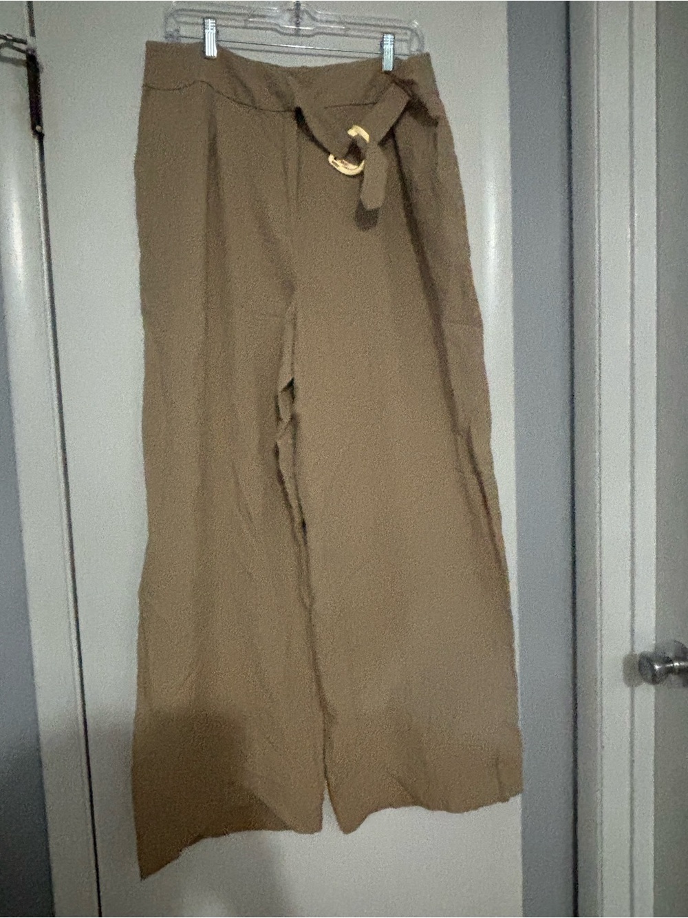 DKNY Wide Leg High-Rise Pants in Camel with Self-Tie Belt